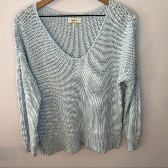 Lucky Brand Waffle Knit V Neck Sweater in Light Blue, Size Small, Cotton Blend - Picture 2 of 8